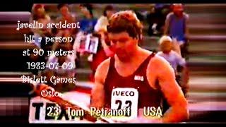 Tom Petranoff (USA) had javelin accident hit a person at 90 meters 1983-07-09 Bislett Games Oslo