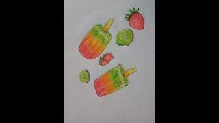 Drawing and coloring summer fruits and gelato in simple tutorial for beginners