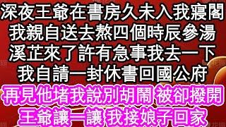 深夜王爺在書房久未入我寢閣,我親自送去熬四個時辰參湯,溪芷來了許有急事我去一下,我自請一封休書回國公府，再見他堵我說別胡鬧 被卻撥開,王爺讓一讓 我接娘子回家  #為人處世#生活經驗#情感故事#養老