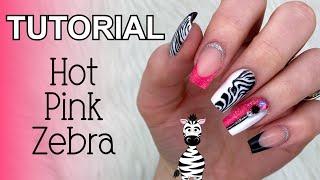 Sculpted Zebra and Hot Pink Acrylic Nail Art Tutorial