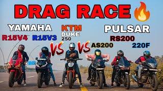 RS200 VS AS200 VS 220F VS R15V3 BS4 VS R15V4 VS DUKE 250||DRAG RACE || RACE TILL THEIR POTENTIAL 