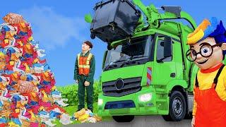 The Kids learn to recycle with a real garbage truck and a tractor 