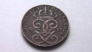 Old 2 Öre coin of Sweden from 1927 - Med folket för fosterlandet