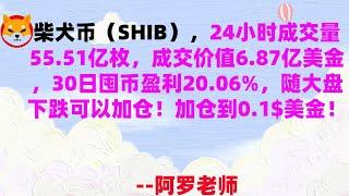 shib币|柴犬币|屎币行情分析！柴犬币（SHIB），24小时成交量55.51亿枚，成交价值6.87亿美金，30日囤币盈利20.06%，随大盘下跌可以加仓！加仓到0.1$美金！