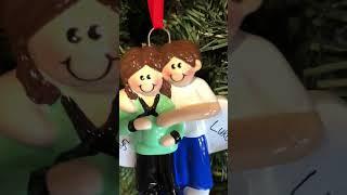 Personalized Pregnant Couple with Two Hearts - Brown Hair F Christmas Ornament