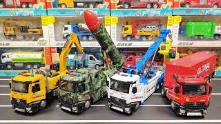 Collection Of Diecast Trucks : Excavator, Military Truck, Tow Truck, Container Truck