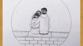 Easy way to draw couple in rain sitting together - pencil drawing - Gali Gali Art ||
