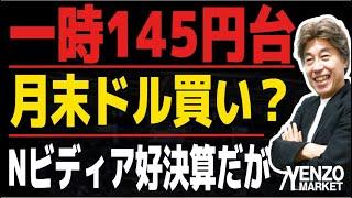 【月末ドル買い？】一時145円台に上昇、エヌビディアは好決算だったが時間外で8％近く下落