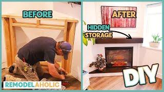 DIY Corner Fireplace Installation with Secret Hidden Storage Mantel