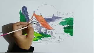 Draw a landscape painting with pencil and color it in steps