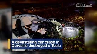 High-speed crash involving Tesla sent hundreds of batteries scattered across Corvallis