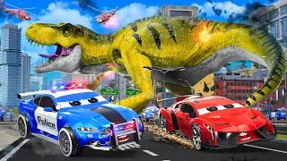 Dinosaur Attack on Cars: Giant T-Rex Destroys City | Monster Trucks, Police Cars Rescue Compilation