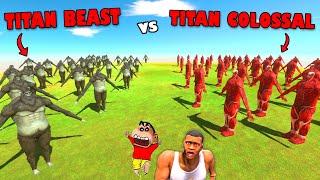 BEAST TITAN ARMY vs COLOSSAL TITAN ARMY in Animal Revolt Battle Simulator with SHINCHAN and CHOP