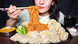 Eating Spicy Samyang Buldak Noodles + Chicken MOMO/DUMPLINGS #ASMR/EATING SHOW BIG BITES MUKBANG