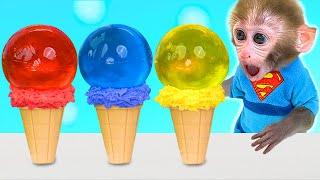 Monkey Baby Bon Bon eat jelly fruit ice cream and naughty with ducklings in the swimming pool