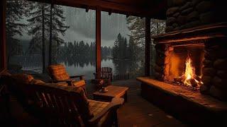 Rain in Cozy Porch Cabin with Warm Fireplace and Gentle Rain to Relaxation, Study and Sleeping