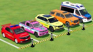 CHEVROLET, AUDI, DACIA, VOLKSWAGEN POLICE CARS & MERCEDES AMBULANCE CAR TRANSPORTING ! FS22