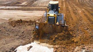 Nice Action Huge Bulldozer Clearing Land , Prepare And Clean Site For  Road Construction