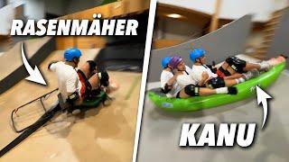 Mit Rasenmäher & Kanu über Rampe springen  Stunts mit unsympathischtv, Paul Frege & Freunden