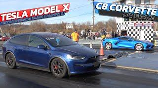 C8 Corvette vs Tesla Model X plaid Drag Race @ Island dragway