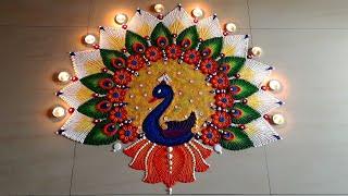 Peacock rangoli design | Rangoli design for diwali | Big rangoli for diwali |  rangoli for dasara