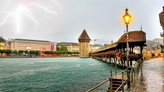 Heavy Rain & Thunderstorm Walk in Lucerne  Switzerland 4K