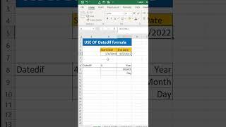 Datedif formula use in excel to print year, months and days | #exceltutorial #exceltips #shorts