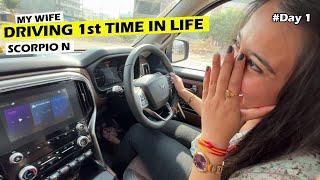 *My Wife Driving Scorpio N* Learning Driving 1st Time in Life | Crashed !!