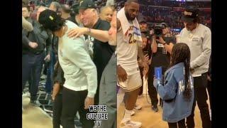 Jay-Z shrugs off guy being touchy feely at game and Blu Ivy shy to ask Lebron James for autographs