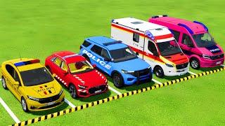 TRANSPORTING DACIA, AUDI, FORD, VOLKSWAGEN POLICE CARS & MERCEDES AMBULANCE CAR WITH TRUCKS ! FS22