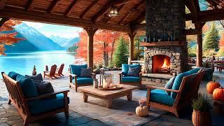 Cozy Autumn Café Ambience with Smooth Jazz and a Stone Fireplace by the Lake