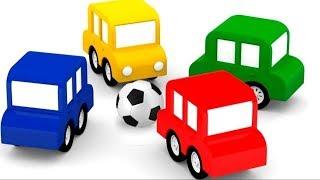 4 coches coloreados juegan al fútbol. Dibujos animados español.