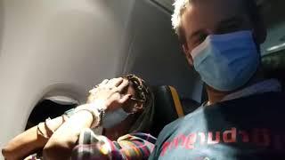 Funny girl have panic during airplane take off