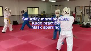 Kudo practice, mask sparring. (Saturday morning class)  (with descriptions in 10 languages.)