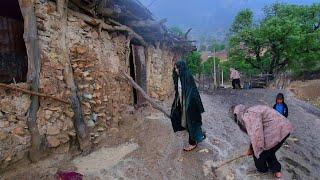 Heavy rain in the village, hard nomadic life