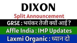 DIXON TECHNOLOGIES share  SPLIT ANNOUNCEMENT  AFFLE INDIA share • LAXMI ORGANIC share • GRSE share