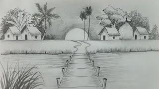 village scene drawing️️/How to draw scenery with pencil | art video #scenerydrawing