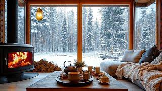 Snowfall at Cozy Winter Cabin Ambience ️ Slow Piano Music & Fireplace Sounds for Relaxation