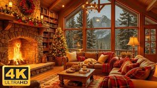 Cozy Christmas Cabin Ambience 4K | Warm Fireplace & Relaxing Holiday Music in a Snowy Mountain