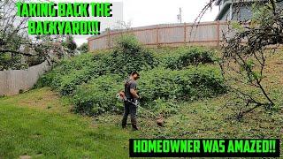 TRANSFORMING Homeowners OVERGROWN Backyard! Blackberry Mulching| Stihl FS 240 Brush Cutter #Stihl