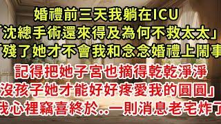 婚禮前三天我躺在ICU「沈總手術還來得及為何不救太太」「殘了她才不會我和念念婚禮上鬧事,記得把她子宮也摘得乾乾淨淨,沒孩子她才能好好疼愛我女兒」我心裡竊喜終於..一則消息老宅炸了#復仇 #逆襲 #爽文