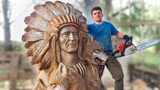 AMAZING CHAINSAW wood carving, Native American with wolves