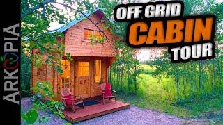 Off Grid Cabin Tour with 5000btu a/c, 1800 watts solar, 3kw battery, plumbed, wired, & complete!