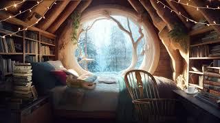 Cozy Cabin Room ️ Relaxing snowy day + Cat purring + Fireplace | ASMR Ambience to Relax/Focus/Sleep