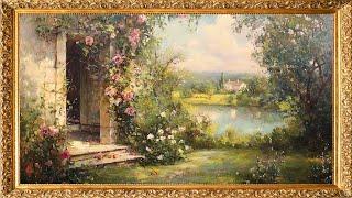 Gold Framed Vintage TV Art: Stunning Oil Painting of a Pond and Flower View | 2 Hrs | 4K Wallpaper