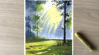 Sunlights in forest - easy oil pastel drawing