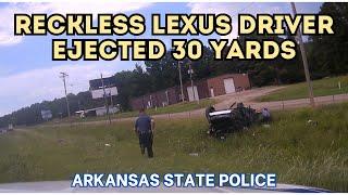 140mph pursuit of reckless Lexus driver - WRECK EJECTS DRIVER 30 YARDS (Slams into cables at 100mph)