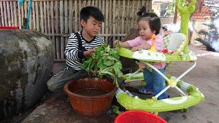 Brother in countryside cook healthy soup for sister / Cute sister enjoy her meal