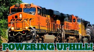 [4K] BNSF MANIFEST WITH 5 UNITS POWERS UP THE GRADE WITH COOL POWER!