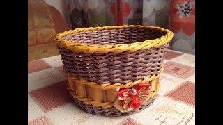 #2 DIY Woven Basket from Newspaper with satin ribbon decoration. Full tutorial. ENGLISH SUBTITLES.